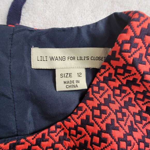 Lili Wang For Lili's Closet Red Navy Textured Sleeveless A-Line Dress Size 12 - Picture 4 of 13